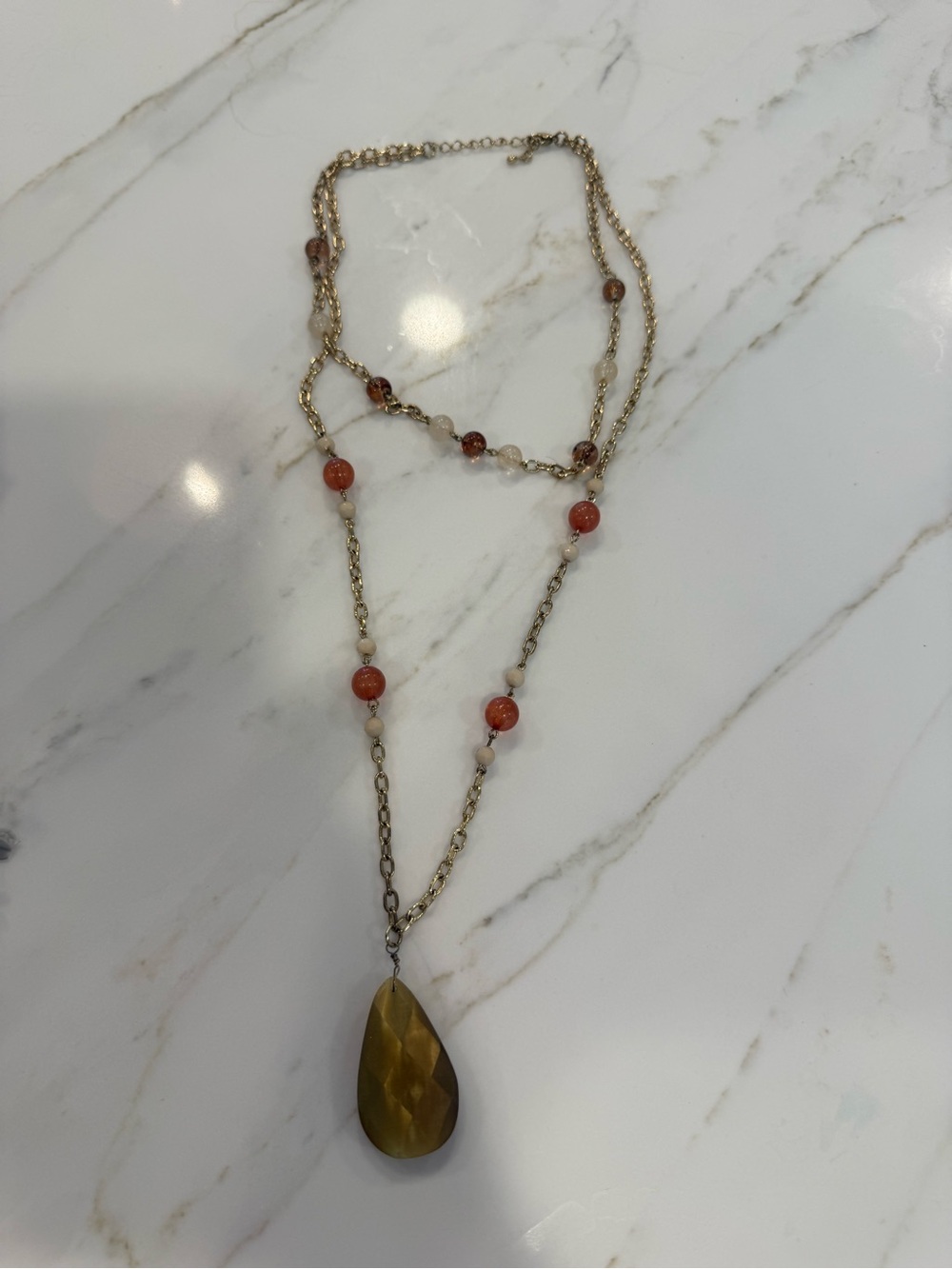 Gold Chain Necklace with Coral Beads and Teardrop Pendant